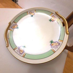 Vintage MEITO Hand Painted Double Handled Gold Trim Cake/Serving Plate, 9.5"